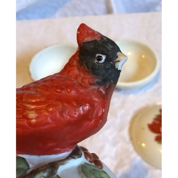 Cardinal red bird figure and poinsettia jewelry box bowls small cute knick knack - Picture 7 of 16